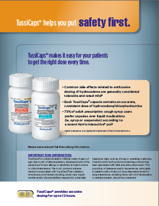 An advertisement for TussiCaps a medication that helps you put safety first. The advertisement features two white bottles of the medication one with a blue label and the other with a white label. The bottles are placed side by side on a blue background.<br /><br />The text on the advertisement explains that the medication makes it easy for your patients to get the right dose every time. It states that it is a common side-by-side medication that can be used to treat a variety of conditions such as diabetes obesity and other health issues. The text also mentions that the product is available for purchase at a discounted price of up to 12 hours. The image also includes information about the product including its features and benefits.