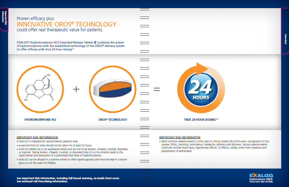 An infographic that explains the benefits of innovative OROS technology. It is divided into three sections. <br /><br />The first section on the left side of the image has a blue background with white text that reads "Proven efficiency plus Innovative OROS® Technology could offer real therapeutic value for patients". Below the text there is an illustration of a molecule with a hexagonal structure and a blue circle with a white arrow pointing to it. The molecule is surrounded by a white circle with the word "OROS" written in blue.<br /><br />In the middle section there are three orange circles with the text "HYDROMORPHONE H2O" written inside them. The first circle has an orange and blue color scheme the second circle has a white and orange color scheme and the third circle has blue and orange colors. The fourth circle has the text "#24 hours" written on it indicating that the company offers 24 hours of 24-hour training. The infographic also has a list of important information about the company such as the company's name contact information and a brief description of its services.