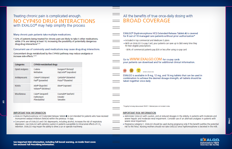 A screenshot of a webpage from the website Exalgo.com. The webpage is titled "Treating chronic pain is complicated enough. No CYP450 drug interactions with EXALGO may help simplify the process." <br /><br />On the left side of the page there is a table with three columns. The first column lists the different types of drugs that can be used to treat chronic pain. The second column explains the benefits of the drug interactions such as the ability to reduce pain improve circulation and improve overall health. The third column provides information about the benefits including the website's website and contact information.<br /><br />The page has a blue header with the company's logo and contact details. The background of the webpage is white and the text is in black.