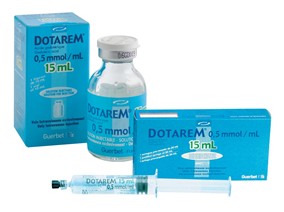 A set of medical supplies from the brand Dotarem. There are three items in the image - a blue box with the brand name "DOTAREM" written on it a small glass vial with a white cap and a syringe. The vial is labeled "0.5 mm/ml" and the syringe is labeled as "15 ml". The box is rectangular in shape and has a blue background with white text. The syringe has a clear plastic body and a needle at the end. The box also has the brand's logo and the product name written in white text on it.