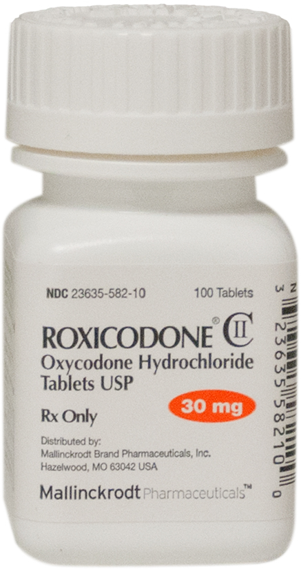 Of a white medicine bottle with a white cap. The bottle is labeled "Roxicodone Oxycodone Hydrochloride Tablets USP 30 mg" and has a barcode on the right side. The label also has the brand name "Mallinckrodt Pharmaceuticals" and the product name "NDC 263635-582-10". The bottle contains 100 tablets.