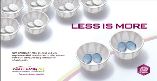 An advertisement for Xartemis XR a medication used to treat pain and inflammation. The background of the image is white and there are several small white bowls with blue pills in them. The bowls are arranged in a grid-like pattern and the pills are of different sizes and shapes. The text on the image reads "LESS IS MORE" in bold black letters. Below the text there is a smaller text that reads "New XARTEMIS XR is the first and only oxycodone/APAP combination to offer more-both fast-acting and long-lasting relief of acute pain." The text also mentions that the medication is fast-paced longer-lasting and longer duration.