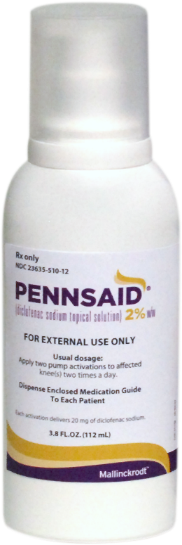 Of a white spray bottle with a purple label. The label has the brand name "Pennsaid" written in bold black letters at the top followed by the product name "For External Use Only" in smaller black letters. Below that there is a description of the product which states that it is for external use only. <br /><br />The label also mentions that the product is "Useful dosage: Apply two pump activations to affected knee pain. Dispense Enclosed Medication Guide to each patient. 3.8 fl. oz. (112 ml)". The bottle has a white cap and is standing upright on a black background.