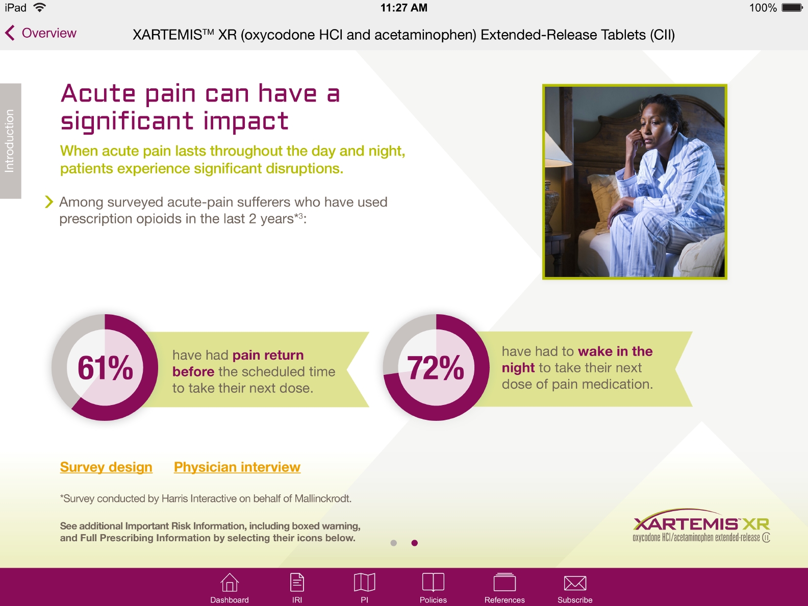 An infographic that explains the impact of acute pain on patients. It has a title "Acute pain can have a significant impact" and a subtitle that reads "When acute pain lasts throughout the day and night patients experience significant disruptions. Among surveyed acute pain sufferers who have used prescription opioids in the last 2 years."<br /><br />The infographic is divided into three sections. The first section is titled "61%" and has a pie chart that shows that 61% of patients have had pain return before the scheduled time to take their next dose. The second section has a survey design and a physician interview. The third section has an image of a woman sitting on a bed with her head in her hands and a concerned expression on her face.<br /><br />At the bottom of the infographic there is a logo for XARTEMIS XR (Xartemis XR) and the text "Extended-Release Tablets (CII)".