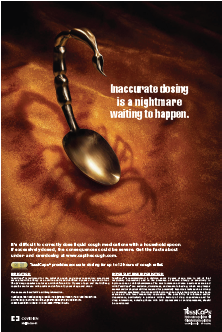 An advertisement for a product called "Inaccurate dosing is a nightmare waiting to happen." The background is a dark brown color with a subtle texture. In the center of the image there is a silver spoon with a curved handle and a pointed end. The spoon is placed on a textured surface giving it a realistic appearance. The text on the image is written in white and is in a bold font. The overall tone of the advertisement is dark and ominous.