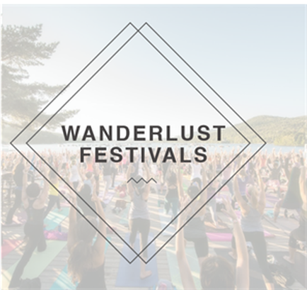A graphic design for a festival called Wanderlust Festivals. It has a white background with a diamond-shaped frame in the center. Inside the frame there is text that reads "Wanderlust Festival" in a bold black font. The text is surrounded by a black border. In the center of the image there are several people in various yoga poses with their arms stretched out in front of them. They are all wearing casual clothes and appear to be in a peaceful and relaxed state. The people are standing on colorful yoga mats and are surrounded by trees and mountains in the background. The image conveys a sense of relaxation and tranquility.