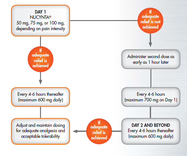 A flowchart that explains the steps involved in the treatment of NUCYNA. It is divided into four sections.<br /><br />The first section is titled "Day 1" and it explains that the treatment is 50 mg 75 mg or 100 mg depending on pain intensity. The second section is labeled "Adequate relief is not achieved". The third section is labeled "Administrator second dose as early as 1 hour later". The fourth section is called "Every 4-6 hours thereafter (maximum 600 mg daily)". The fifth section is described as "Adjust and maintain dosing for adequate analgesia and acceptable tolerability".<br /><br />Each section has a red circle with a white arrow pointing to it indicating that it is a step in the process of adjusting and maintaining the treatment. The first step is "If adequate relief is achieved" and the second step is labeled as "Day 2 and beyond". The flowchart also has a blue arrow pointing towards the first step indicating the next step.