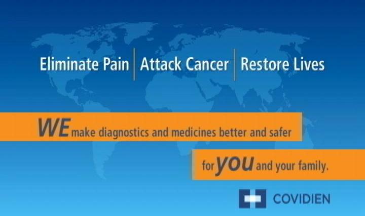 A graphic design with a blue background and a world map in the background. The text on the image reads "Eliminate Pain Attack Cancer Restore Lives". Below the text there is an orange banner with the text "WE make diagnostics and medicines better and safer for YOU and your family." The text is in white and is in a modern sans-serif font. The overall design is simple and clean.