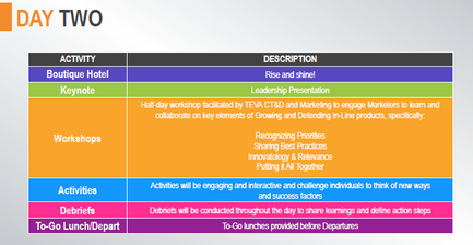 A table that shows the day two of a business plan for a boutique hotel. The table is divided into two columns one labeled "Activity" and the other labeled "Description". The activity column is labeled "Boutique Hotel Keynote" and has a list of activities such as "Keynote" "Workshops" "Activities" "Debriefs" and "To-Go Lunch/Departure". The activities are listed in descending order from left to right. At the top of the table there is a description that reads "Rise and shine! Leadership Presentation". Below the description there are three categories: "Half-day workshop facilitated by tea CCTD and Marketing to engage marketers to learn and collaborate on key elements of growing and defending in-line products specifically." On the right side of the image it says "Recognizing Priorities Sharing Best Practices Innovation & Reliance Putting it Together". This suggests that the table is a tool for businesses to plan and organize their business plan.