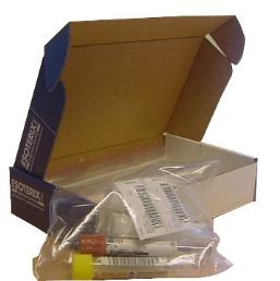 A cardboard box with a blue lid. The box is open revealing the contents inside. On the left side of the box there is a label that reads "Sterilizer". On the right side there are two small tubes one with a yellow cap and the other with a white cap. The tubes appear to be filled with a clear liquid. There is also a small packet with a barcode on it next to the tubes. The background is white.