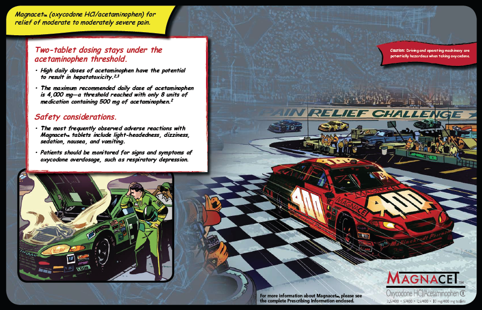 An illustration of a race track with a red car on the right side of the image. The car is a NASCAR car with the number 400 on it and the words "Pain Relief Challenge" written on the side. On the left side there is a red banner with the text "Safety considerations" and an image of a man in a green suit standing next to the car. The man is holding a clipboard and appears to be explaining something to the viewer. The background shows a large crowd of spectators in the stands. The text on the banner reads "Two-tablet dosing stays under the acetaminophen threshold." This suggests that the image is related to the pain relief challenge.