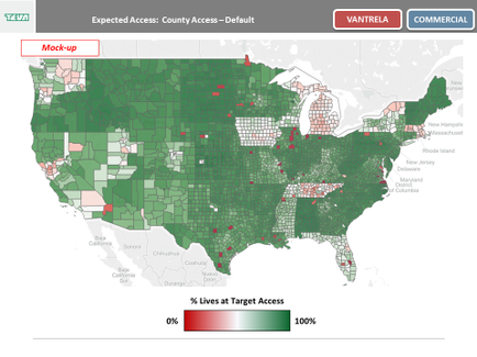A map of the United States showing the percentage of people living at target access in each state. The map is color-coded with different shades of green representing different areas of the country. The majority of the states are covered in red indicating that the majority of people live at the target access area. The map also shows the counties of cantrell and Commercial as well as the counties that have been affected by the proposed access. The counties are marked with red dots indicating the areas that are affected. The red dots represent the areas where the access area is affected while the green dots represent areas where it is affected. There is also a bar graph at the bottom of the map that shows that the percentage is 0% and the percentage has been 100%. Overall the map shows that there is a significant increase in the number of people who live in these areas with the exception of the "expected access" and "county access" areas.