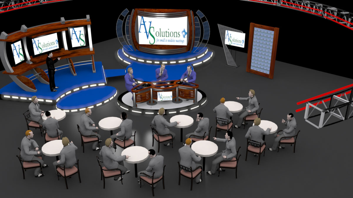 A 3D rendering of a news studio set up for a news broadcast. The studio has a circular stage with a blue and white color scheme and a large screen in the center. On the left side of the stage there is a podium with a microphone and a sign that reads "A Solutions". On the right side there are two large screens displaying the news broadcast's logo. In front of the podium a group of people are sitting around a round table engaged in a discussion. The people are dressed in formal business attire and appear to be in a professional setting. The background is black and there are red and white trusses on either side. The overall color scheme of the studio is blue white and red.