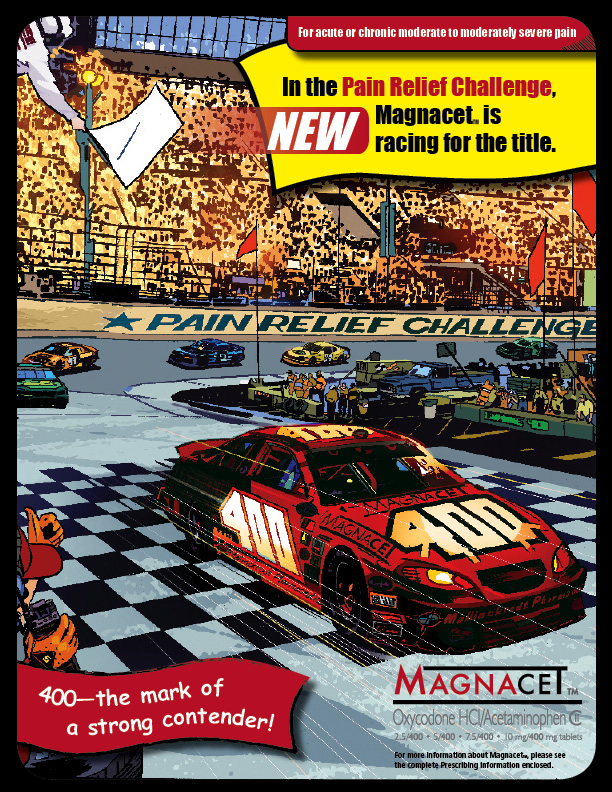 An illustration of a race track with a red car in the center. The car has the number 400 on it and the word "Magnacet" written on the side. The background shows a large crowd of spectators in the stands and other cars on the track. The text on the image reads "For acute or chronic moderate to moderately severe pain in the pain relief challenge New Magnacet is racing for the title." Oxycodone HCI/Acetaminophen for relief of moderate to moderately severe pain." The image also includes a small banner that reads "400 -- the mark of a strong contender!" The Magnacet logo is in the bottom right corner of the page.