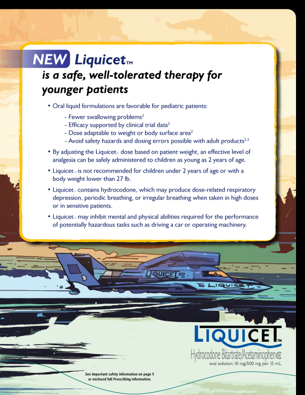 An advertisement for Liquicet a safe well-tolerated therapy for younger patients. The background of the image is a landscape of a lake with trees and mountains in the distance. In the foreground there is a blue and white boat on the water. The boat has the brand name "Liquicet" written on it in bold letters. The text on the image explains that the product is designed to provide oral lubrication for pediatric patients.