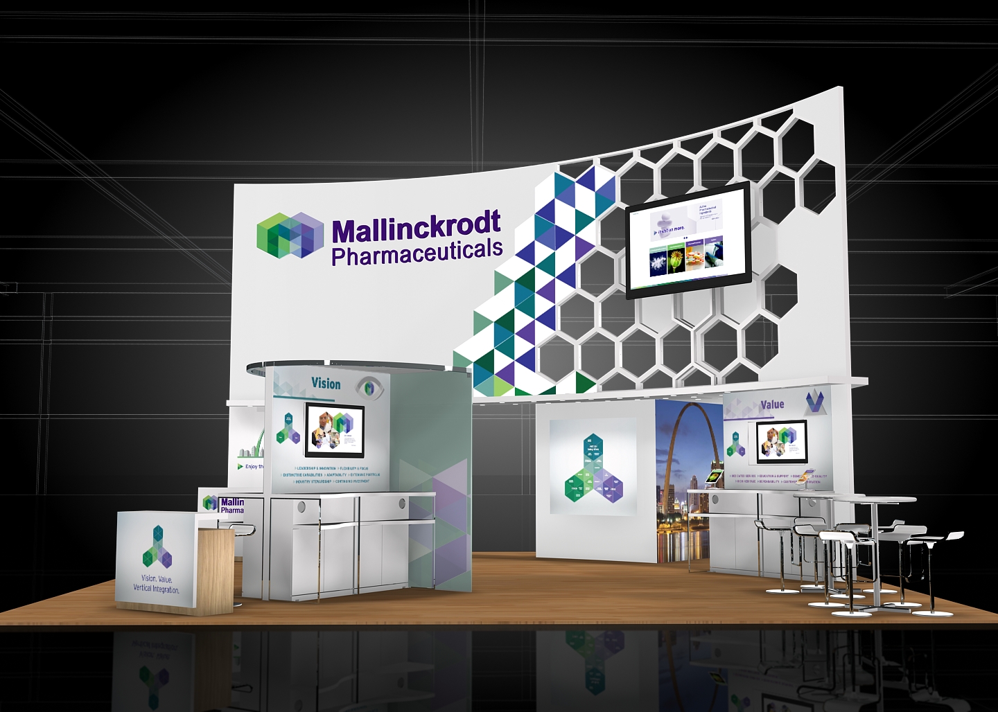 A 3D rendering of a trade show booth for Mallinckrodt Pharmaceuticals. The booth is set up in a dark room with a high ceiling and black walls. The main focus of the booth is a large white banner with the company's logo and name in purple and green geometric shapes. The banner also has a large screen on the right side displaying information about the company.<br /><br />The booth has a modern design with a white and purple color scheme and a large window on the left side. There are several tables and chairs in front of the banner and a desk with a computer monitor and other office supplies on it. On the desk there is a sign that reads "Vision" and a picture of a building with a blue sky in the background. The overall aesthetic of the design is sleek and professional.