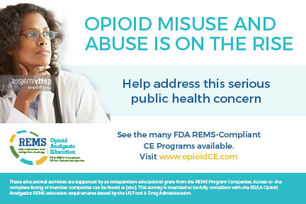 An advertisement for the FDA REMS-Compliant CE Programs available. It features a photo of a woman with curly hair and glasses wearing a white lab coat and a stethoscope around her neck. She is looking off to the side with a thoughtful expression on her face. The text on the image reads "OPIOID MISUSE AND ABUSE IS ON THE RISE" and "Help address this serious public health concern". Below the photo there is a link to the website www.opioidCE.com. The website also mentions that the programs are available for those educational organizations who are supported by an independent educational grant from the REMS Program Companies. Access to the comprehensive list of member companies can be found by the FDA and Drug Administration.