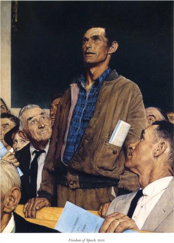 A painting of a man standing in front of a crowd of people. The man is wearing a brown jacket and a blue plaid shirt. He is looking up at the crowd with a serious expression on his face. The crowd is made up of men of different ages and ethnicities some of whom are sitting and some are standing. The background is dark and the overall mood of the image is somber. The painting is titled "Freedom of Speech" and appears to be from the early 20th century.