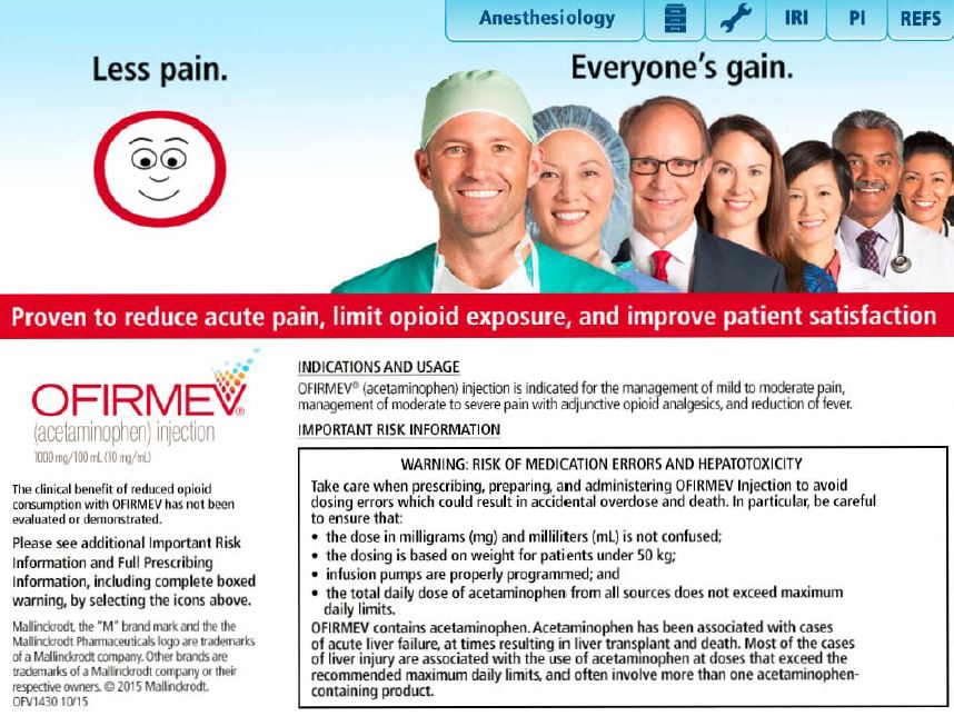 An infographic that explains how to reduce acute pain limit opioid exposure and improve patient satisfaction. It has a blue background with a group of doctors and nurses in the center. On the left side of the image there is a red circle with a smiley face and the text "Less pain. Everyone's gain." On the right side there are three bullet points that explain the benefits of OFIRMEV a medical treatment company.<br /><br />The first bullet point states that the company offers a clinical benefit of reduced opioid risk. It also mentions that the risk of medication errors and Hematoxylin can be avoided. The second bullet point explains that the treatment can be used to reduce the risk and improve the overall health of the patient. The third bullet point mentions that it can help reduce the amount of pain and improve overall health.