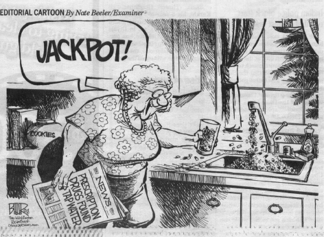 A black and white cartoon illustration of an elderly woman in a kitchen. The woman is wearing a top with a floral pattern and has curly hair. She is standing in front of a sink with a newspaper in one hand and a glass in the other. The newspaper headline reads "Prescription drugs found in tap water".  The sink is on and pills are pouring out of it. The woman seems happy and like she is rushing to scoop up the pills with her glass. A speech bubble above her head reads "JACKPOT!" The text above the cartoon reads "Editorial Cartoon by Nate Beeler/Examiner."