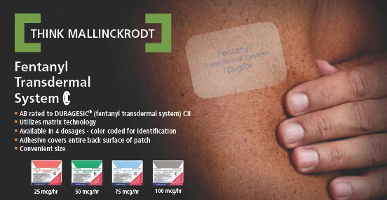 A person's hand holding a small patch on their skin. The patch is labeled "Fentanyl Transdermal System C" and is available in 4 doses - color coded for identification. It covers entire back surface of patch and is convenient size. The background of the image is black and there is text on the left side that reads "Think Mallinckrodt". On the right side there are four different colors of the patch - red blue green yellow and orange - which are likely the colors used in the patch.