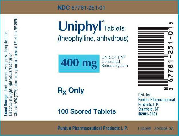 A label for Uniphyll Tablets (theophylline anhydrous) with a barcode on the right side. The label is rectangular in shape and has a blue background with white text. The text on the label reads "UNICONTIN® Controlled Release System" and "Rx Only". Below the text there is a description of the product which states that it is 400 mg and is 100 scored tablets. On the left side of the label there are two lines of text that read "NDC 67781-251-01". The label also has a small barcode at the bottom right corner.