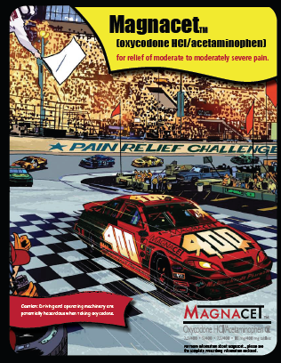 An illustration of a race track with a red car in the center. The car has the number 400 on it and the word "Magnacet" written on the side. The background shows a large crowd of spectators in the stands and other cars on the track. The text on the image reads "Magnacet Oxycodone HCI/Acetaminophen for relief of moderate to moderately severe pain." The image also includes a warning label that reads "Caution: Driving and operating machinery are potentially hazardous when taking oxycodone." The Magnacet logo is in the bottom right corner of the page.