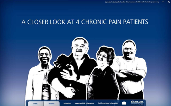 A black and white illustration of four people two men and two women standing together and smiling at the camera. The background is blue and there is text at the top that reads "A closer look at 4 chronic pain patients". Below the text there is a button that says "Home" and a link to the website "Exalgo.com". The image appears to be a screenshot of a website homepage.