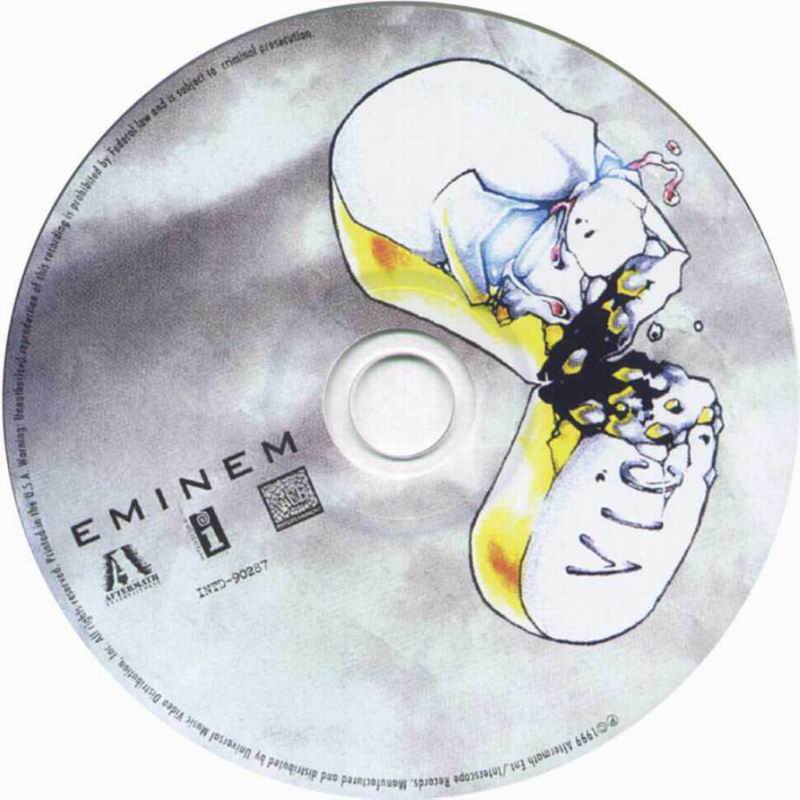 A CD disc with the word "Eminem" written in bold letters at the top. Below the word there is an illustration of a person lying on their back with their arms stretched out to the sides. The person is wearing a white shirt and blue jeans and their head is tilted back. The background is a light blue color and the overall design is simple and cartoon-like. The CD appears to be new and unused with no visible damage or wear.