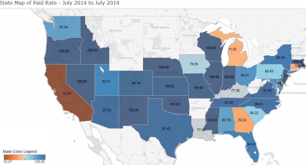 A map of the United States showing the state of paid rate from July 2014 to July 2014. The map is color-coded with each state represented by a different color - blue orange and gray. The blue states represent the percentage of paid rates in each state while the orange states represent percentages in percentage.<br /><br />The map also shows the state color legend which shows that the states in blue are the highest paid rates for each state. The states in orange are the lowest paid rates with the highest paying rates being around $1000000. The highest paid rate is around $2500000 and the lowest paying rate is about $3500. The lowest paid rate has been around $4500 for the first time in July 2014 with a total of $5500 being around the last time in June 2014. There is also a legend at the bottom of the map that explains the colors used in the map.