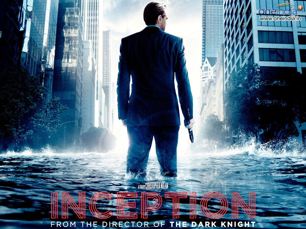 A movie poster for the film  "Inception". It features a man the actor Leonardo DiCaprio in a suit standing in the middle of a flooded city street holding a gun in his right hand. The man is facing away from the camera with his back towards the viewer. The background shows tall buildings and skyscrapers and the sky is dark and cloudy. The title of the film is written in red text at the bottom of the poster. The overall mood of the image is ominous and suspenseful.