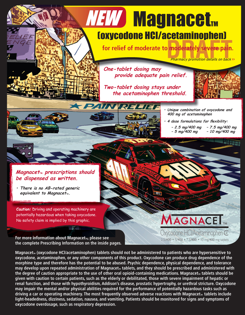 An advertisement for a product called Magnacet. The background of the image is a colorful illustration of a race track with a red car in the center. The car has the number 400 on it and the words "Magnacet" written on it. The text on the image reads "New Magnacet" and "Oxycodone HCI/acetaminophen" in bold letters. Below the car there is a description of the product which states that it is a one-tablet dose of pain relief for relief of moderate to moderate severe pain. <br /><br />On the left side of the advertisement there are illustrations of cars racing on the track and on the right side it says "Pain Relief" in smaller text. The advertisement also mentions that the product is a pain relief supplement for pain relief.<br /><br />At the bottom of the ad it states that Magnacet is a medication that helps to reduce pain and improve overall health.