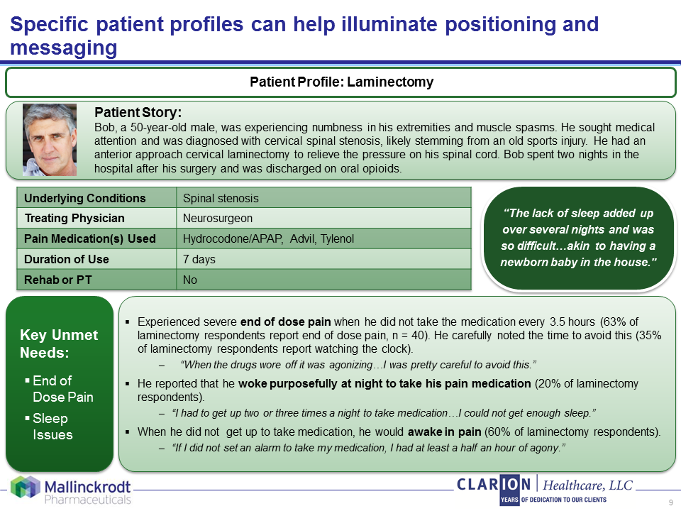 A slide from a presentation on specific patient profiles that can help illuminate positioning and messaging. The slide is titled "Patient Profile: Laminotomy" and has a title at the top that reads "Specific patient profiles can help Illuminate Positioning and Messaging". Below the title there is a table with three columns. <br /><br />The first column is labeled "Underlying Conditions" and contains information about the patient's treatment options. The second column has a photo of a man's face and the text "The lack of sleep added up over several nights and was so difficult to have a newborn baby in the house". The third column has the title "Key Unmet Needs: End of Dose Pain Issues".<br /><br />At the bottom of the slide there are three bullet points that explain the key unmet needs of the patient. The first bullet point explains that the patient has experienced severe end of dose pain when he did not take the medication every 3.5 hours (63%) of the time to avoid this. The fourth bullet point mentions that the end of the dose pain issues are related to sleep issues.<br /><br />Overall the slide is a visual representation of the importance of understanding the different types of patient profiles and how they can be used to improve posture and communication.