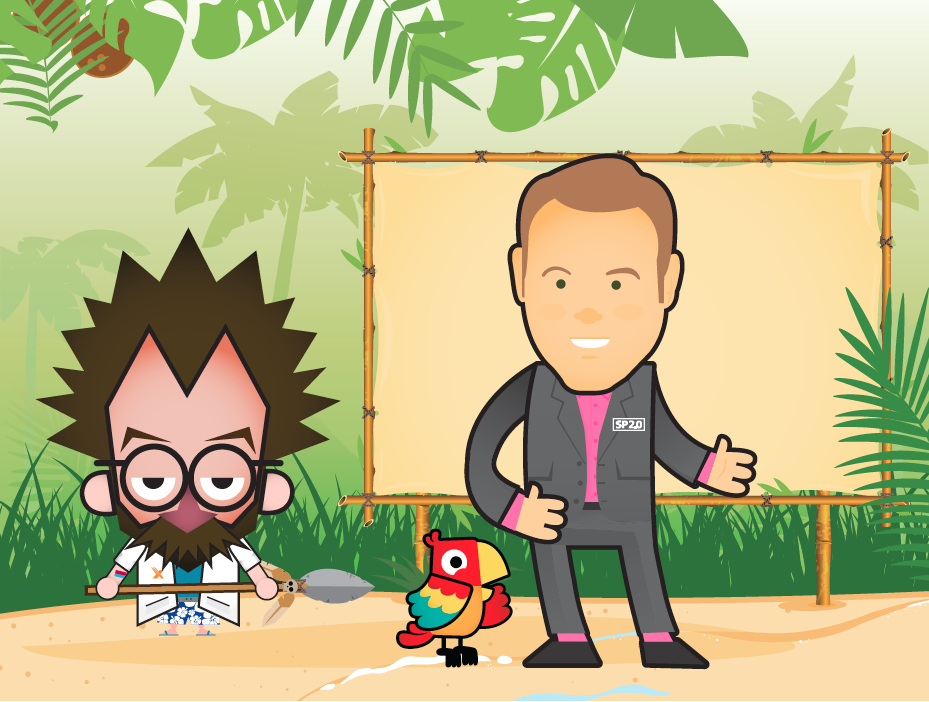 Two cartoon characters standing in a tropical garden. The character on the left is a man with a beard and glasses wearing a white shirt and holding a stick. He has spiky black hair and is standing in front of a bamboo fence. On the right is a cartoon character with short brown hair and a pink shirt standing with his arms crossed and giving a thumbs up. In front of him is a colorful bird with red yellow and blue feathers. The background is filled with green plants and trees.