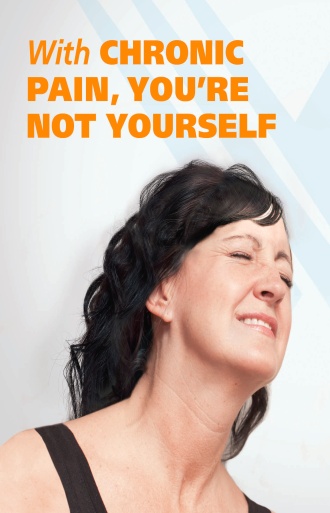 A woman with dark hair wearing a black tank top with her eyes closed and a peaceful expression on her face. The background is white with a blue and orange gradient. Over the image there is text that reads "With chronic pain you're not yourself."