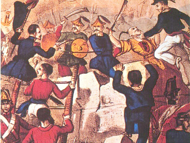 A colorful illustration of a group of people engaged in a battle. There are six people in the image three men and three women all dressed in medieval-style clothing. The men are holding swords and shields and one of them is holding a large sword. The woman in the center is wearing a blue dress and a red hat and the man on the left is holding an orange shield. The man in the middle is holding the sword and appears to be in the process of throwing it at the other two men.<br /><br />The background of the image is filled with smoke and flames suggesting that the battle is taking place in a mountainous area. The colors used in the illustration are vibrant and the details are intricate giving the impression of a chaotic and intense scene. The overall mood of the illustration is tense and action-packed.