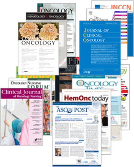 A collection of various medical journals and publications related to Oncology. There are nine journals in total arranged in a grid-like pattern. The journals are of different sizes and colors with some being blue green yellow pink and white. Some of the journals have titles such as "Oncology Nursing Forum" "Clinical Journal" "HemOnc Today" and "ASQ Post". The journals appear to be new and unused with no visible damage or wear. The background is black making the journals stand out.