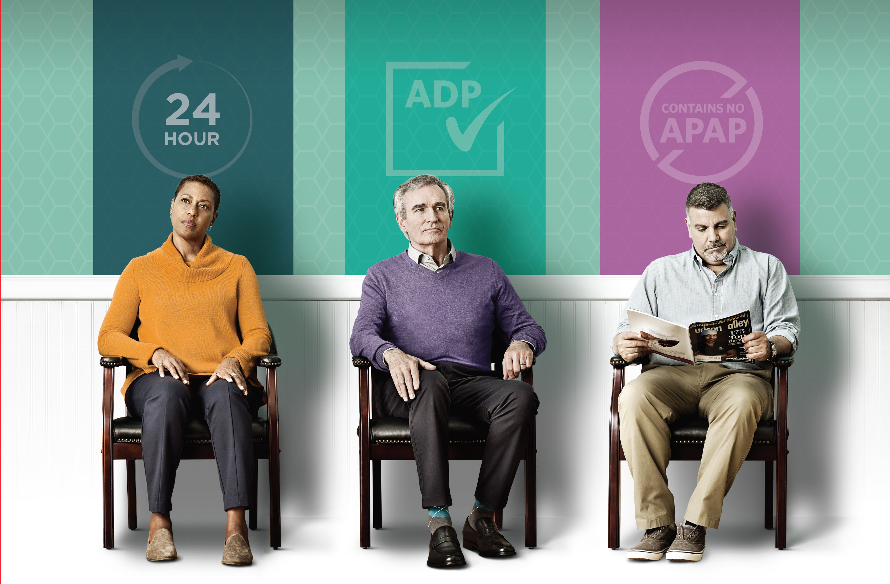 Three people sitting on wooden chairs in front of a green wall with the text "24 hour ADP" and "Contains No APAP" written on it. The person on the left is a woman wearing an orange sweater and black pants the person in the middle is an older man wearing a purple sweater and gray pants and the man on the right is a man wearing beige pants and a gray shirt. All three people are looking at the camera and appear to be engaged in a conversation. The background is white and the overall color scheme of the image is green pink and purple.