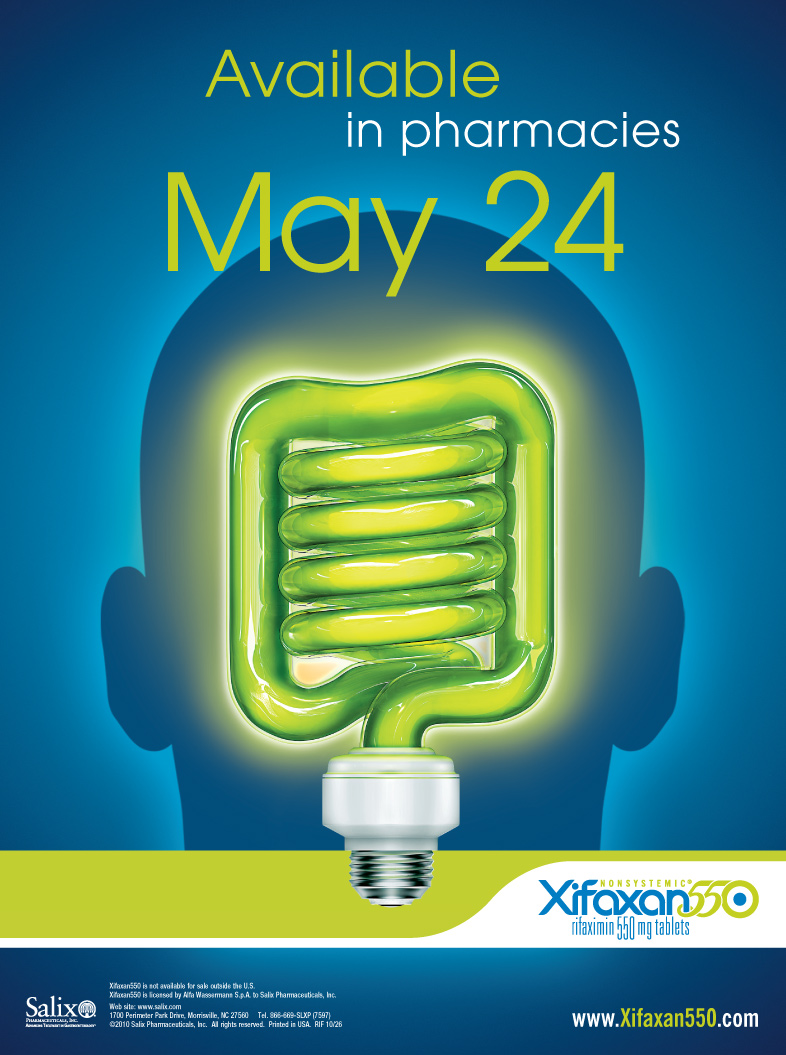 An advertisement for a company called "Available in pharmacies May 24". The background is blue and the text is in white. In the center of the image there is a green light bulb in the shape of a human head. The light bulb is glowing green and has a spiral design inside it. The text above the light bulb reads "Available" and below the bulb it reads "Xifaxan550.com". The company's logo is also visible in the bottom right corner.