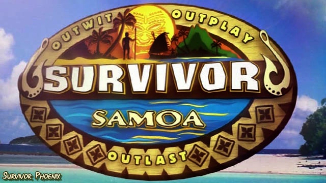 A logo for the popular TV show Survivor: Samoa. The logo is circular in shape and has a blue background with a beach scene in the center. The beach is surrounded by palm trees and there is a small island in the distance. The sky is blue with white clouds and the sun is shining brightly. In the center of the logo there is text that reads "Survivor Samoa Outlast" in a bold yellow font. Below the text there are two figures one of a man and the other of a woman standing on a beach with palm trees. The overall theme of the image is tropical and adventure.