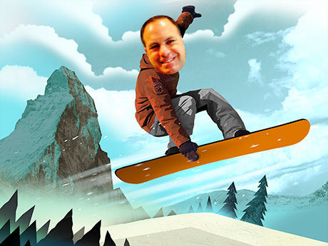 A digital illustration of a snowboarder in mid-air. The snowboard is orange and the rider is wearing a brown jacket grey pants and black gloves. He is smiling and appears to be in the middle of a jump. The background shows a mountain range with snow-capped peaks and a blue sky with white clouds. The mountains are covered in snow and there are trees in the foreground. The image has a cartoon-like quality to it.