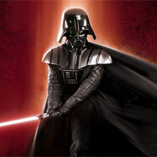 A digital illustration of the character Darth Vader from the Star Wars franchise. He is standing in a dramatic pose holding a red lightsaber in his hands. The background is a deep red color. Darth Vader is wearing his iconic helmet and armor which is black in color. His cape is billowing behind him and his face is obscured by the helmet. The image has a dark and ominous tone making it stand out against the red background.