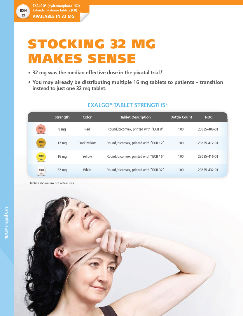 An advertisement for a product called "Stocking 32 MG Makes Sense". The advertisement features a woman with long dark hair smiling and looking up at the sky. She is holding her head with one hand and has her other hand resting on her chin. The background is white.<br /><br />At the top of the advertisement there is text that reads "32 mg was the median effective dose in the pivotal trial. You may already be distributing multiple 16 mg tablets to patients - transition instead to just 32 mg tablets." Below the text there are three columns - Strength Color Tablets and Tablets. The Strength column shows the strength of the tablet the Color column displays the color of the tablets and the Tablets column shows that the tablet has a bottle count of 32 mg. The Tablets are shown in different colors - red yellow green blue and purple.