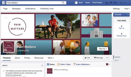 A screenshot of the Facebook page of the Pain Matters community. The page is divided into three sections. The top section is titled "Pain Matters" and has a blue header with the company's logo and contact information. Below the header there is a section titled "Pages" "Messages" "Notifications" "Publishing Tools" and "Settings". The main section of the page has a white background with a photo of a group of people sitting on a bench in a park. There are three people in the photo one of whom is wearing a red shirt and the other two are wearing white shirts. They are smiling and appear to be engaged in conversation. On the right side of the image there are three smaller images of people one with a blue shirt and another with a white shirt. The first image is of a man sitting at a table with a laptop the second image shows a woman sitting on the bench and the third image shows two people sitting at an outdoor table. The fourth image is an illustration of a building with a sign up button and a message that reads "Sign Up". At the bottom of the section there has a timeline photos resources and more information about the page. There is also a button that says "About" and a link to "Status".