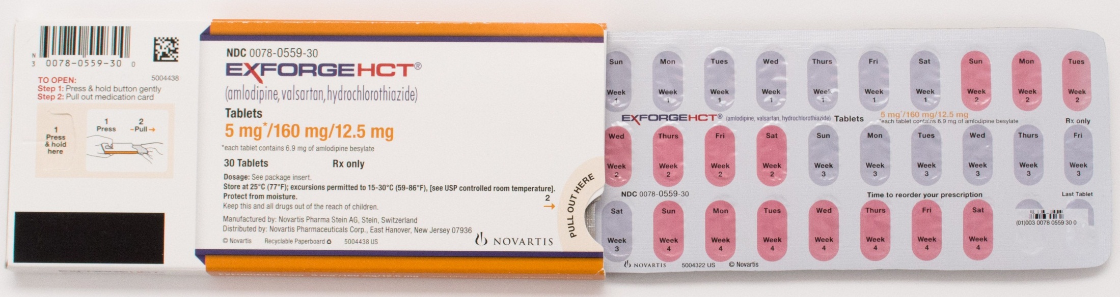 A pack of ExforgeHCT tablets. The pack is rectangular in shape and has an orange and white color scheme. On the left side of the pack there is a label with the product name and a barcode. The label also mentions that the tablets are 5 mg/160 mg/12.5 mg and are available in 30 tablets. <br /><br />On the right side there are 12 tablets arranged in a grid-like pattern. Each tablet has a different color - pink purple and white. The pink tablets have a label that reads "ExforgeHct" and "Tablets" in bold letters. The purple tablets have the same label as the pink ones but the white ones have a similar label.<br /><br />The pack appears to be new and unused with no visible signs of wear or tear.