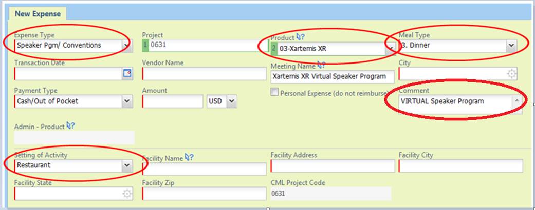 A screenshot of the new expense window in a software application. The window is titled "New Expense" and it appears to be a form for creating a new expense. <br /><br />There are several fields in the window including "Expense Type" "Speaker Pcm" "Conventions" "Transaction Date" "Payment Type" and "Cash/Out of Pocket". These fields are used to enter the payment type payment amount and payment details for the project.<br /><br />The first field is labeled "Product Type" and has a red circle circled in the middle. This field is used to select the product type the vendor name the meeting name and the virtual speaker program. The second field is labeled "Meeting Name" which is used for the meeting. The third field is marked "Virtual Speaker Program".<br /><br />At the bottom of the form there are two fields - "Setting of Activity" and "Restaurant". The first field has a field labeled "Facility Name" with a checkbox next to it indicating that the user can set the setting of activity for the restaurant. The fourth field has fields for the facility name facility address and facility city. The fifth field has an option to "CML Project Code" and a button to submit the project code.