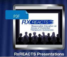 A digital presentation slide with a blue background and white text. The text reads "RX REACTS Responsible Education on Abuse of Controlled Therapeutic Substances". Below the text there is a smaller text that reads "PDF". On the right side of the slide there are silhouettes of people of different ages genders and ethnicities. The slide appears to be a PDF file as indicated by the "PDF" label on the top left corner.