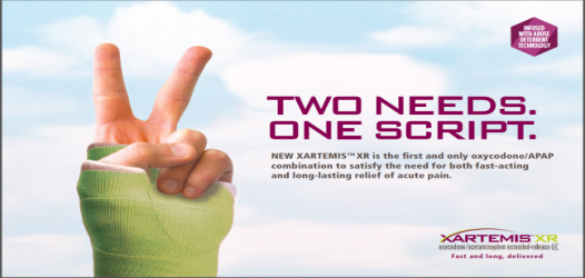 A hand with a green bandage wrapped around it making a peace sign with the fingers. The background is a blue sky with white clouds. On the right side of the image there is text that reads "Two needs. One script. New XARTEMIS XR is the first and only oxycodone/APAP combination to satisfy the need for both fast-acting and long-lasting relief of acute pain." The text is in purple and is accompanied by a logo of the company.