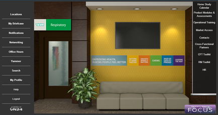 A screenshot of a website called "Focus". The website has a modern and professional design with a yellow wall and a gray sofa in the center. On the left side of the image there is a menu bar with various options such as "My Briefcase" "Notifications" "Networking" "Office Hours" "Yammer" "Search" "My Profile" "Help" and "lookout". On the right side there are several tabs for different sections of the website including "Home Study" "Product Module" "Assessments" "Operational Training" "Market Access" "Contact" "Cross-Functional Partners" "CFT Toolkit" "RM Toolkit" and "HR". There is also a large screen on the wall with a blackboard and a plant in front of it. The website appears to be a website for a company or organization that provides information about their services.