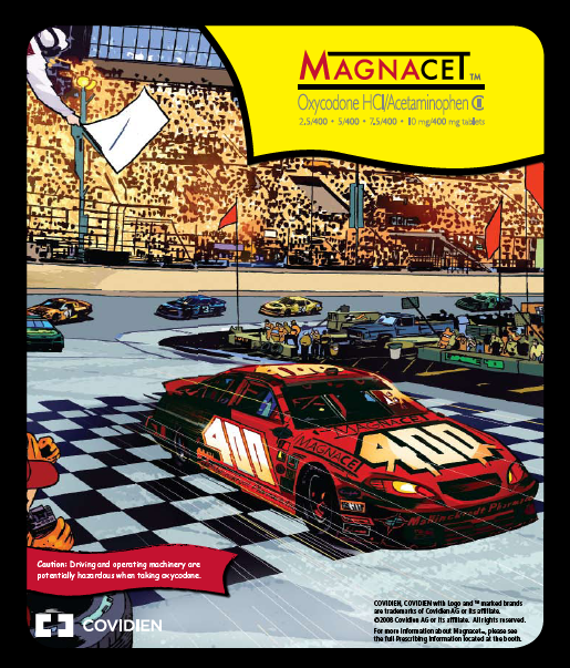 An illustration of a race track with a red car in the center. The car is a NASCAR car with the number 400 on it and the word "Magnacet" written on the side. The background shows a large crowd of spectators in the stands and a checkered flag waving in the wind. The sky is orange and yellow indicating that it is either sunrise or sunset. The image is accompanied by text that reads "Oxycodone HCI/Acetaminophen C" and "Covidien".